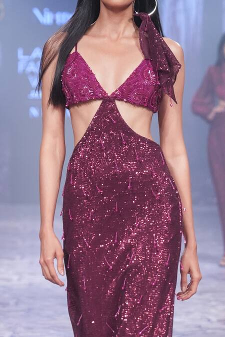 Nirmooha Purple Crepe, Satin Sequins, Tassels Plunge Neck Embroidered Cut-out Gown Online at Aza Fashions Nirmooha_Purple Crepe, Satin Sequins, Tassels Plunge Neck Embroidered Cut-out Gown _Online_at_Aza_Fashions