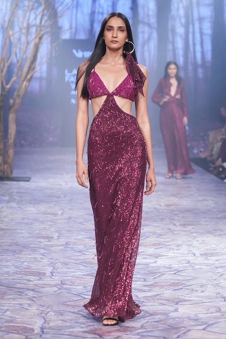 Buy Nirmooha Purple Crepe, Satin Sequins, Tassels Plunge Neck Embroidered Cut-out Gown Online at Aza Fashions Buy_Nirmooha_Purple Crepe, Satin Sequins, Tassels Plunge Neck Embroidered Cut-out Gown _Online_at_Aza_Fashions