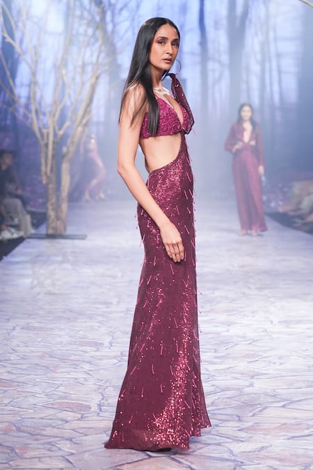 Shop Nirmooha Purple Crepe, Satin Sequins, Tassels Plunge Neck Embroidered Cut-out Gown Online at Aza Fashions Shop_Nirmooha_Purple Crepe, Satin Sequins, Tassels Plunge Neck Embroidered Cut-out Gown _Online_at_Aza_Fashions