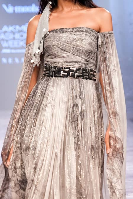 Nirmooha_Off White Lurex Beads One Shoulder Abstract Print Cape Sleeve Gown _Online_at_Aza_Fashions