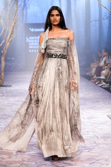 Buy_Nirmooha_Off White Lurex Beads One Shoulder Abstract Print Cape Sleeve Gown _Online_at_Aza_Fashions