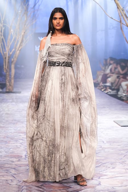 Shop_Nirmooha_Off White Lurex Beads One Shoulder Abstract Print Cape Sleeve Gown _Online_at_Aza_Fashions