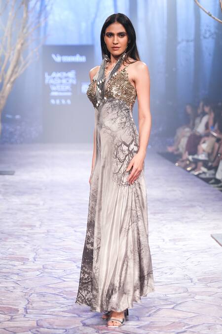 Nirmooha_Off White Crepe Sequins Plunge Neck Abstract Print Maxi Dress _Online_at_Aza_Fashions