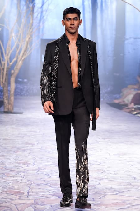 Nirmooha_Black Satin Sequins Hand Embroidered Blazer With Belt _Online_at_Aza_Fashions
