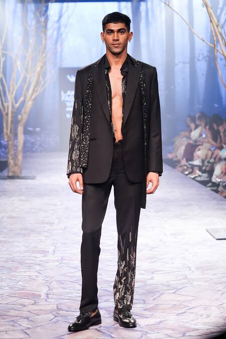 Buy_Nirmooha_Black Satin Sequins Hand Embroidered Blazer With Belt _Online_at_Aza_Fashions