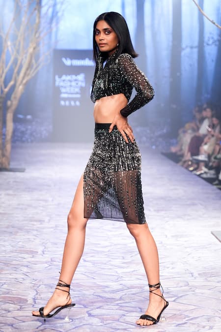Nirmooha_Black Net Sequins, Beads Embroidered Short Skirt _Online_at_Aza_Fashions