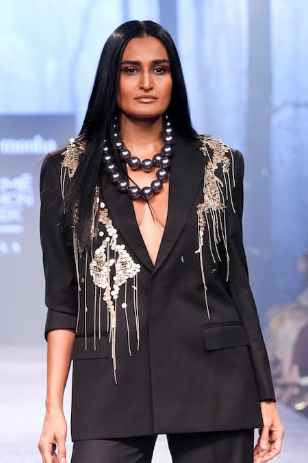 Nirmooha Black Satin Embroidery, Sequins Hand Blazer Online at Aza Fashions Nirmooha_Black Satin Embroidery, Sequins Hand Blazer _Online_at_Aza_Fashions