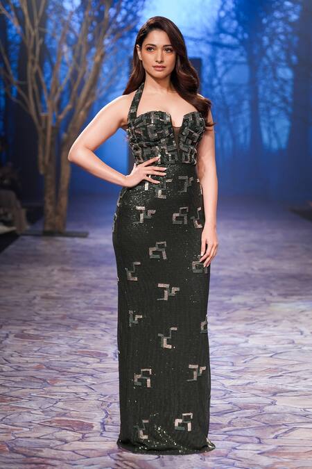 Shop Nirmooha Emerald Green Silk Sequins, Beads Halter Neck Embroidered Gown Online at Aza Fashions Shop_Nirmooha_Emerald Green Silk Sequins, Beads Halter Neck Embroidered Gown _Online_at_Aza_Fashions