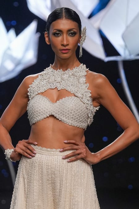 Buy_Disha Patil_Ivory Lehenga Satin Organza Hand Cut-work Blouse With Palazzo  _Online_at_Aza_Fashions