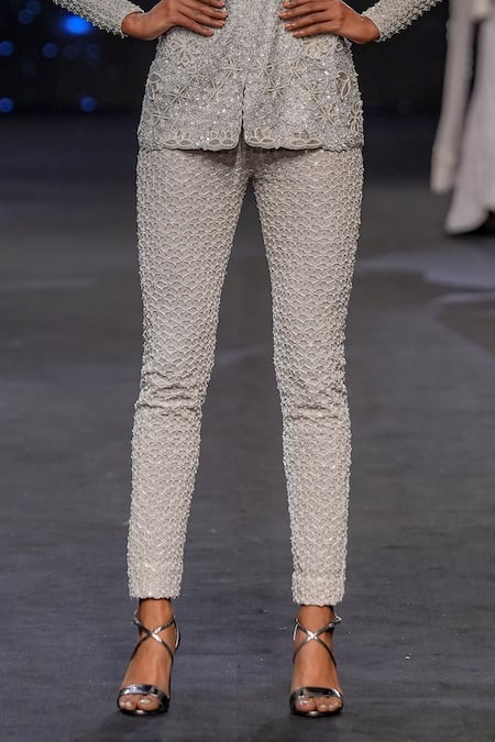 Disha Patil_Grey Jacket Raw Silk Hand Embroidery Sequin Round Lotus With Pant  _Online_at_Aza_Fashions