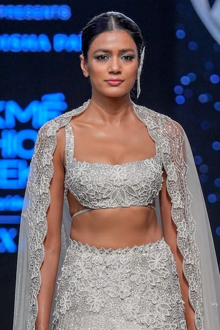 Disha Patil_Grey Raw Silk Hand Embroidery Crystal Lotus Bridal Lehenga Set  _Online_at_Aza_Fashions