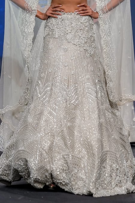 Buy_Disha Patil_Grey Raw Silk Hand Embroidery Crystal Lotus Bridal Lehenga Set  _Online_at_Aza_Fashions