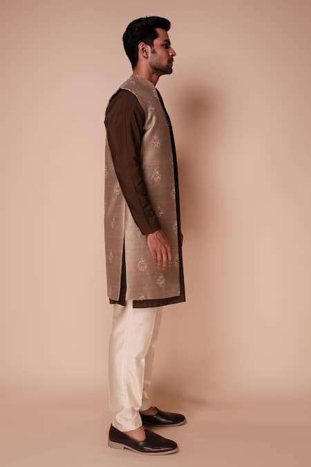 Tisa - Men_Beige Silk, Cotton Embroidery, Sequins Floral Bundi Kurta Set_Online_at_Aza_Fashions