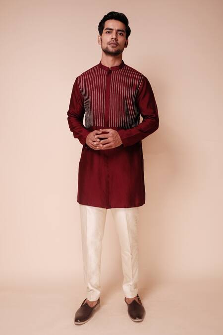 Tisa - Men_Maroon Kurta Silk Embroidered Cord Work Yoke And Pant Set_Online_at_Aza_Fashions