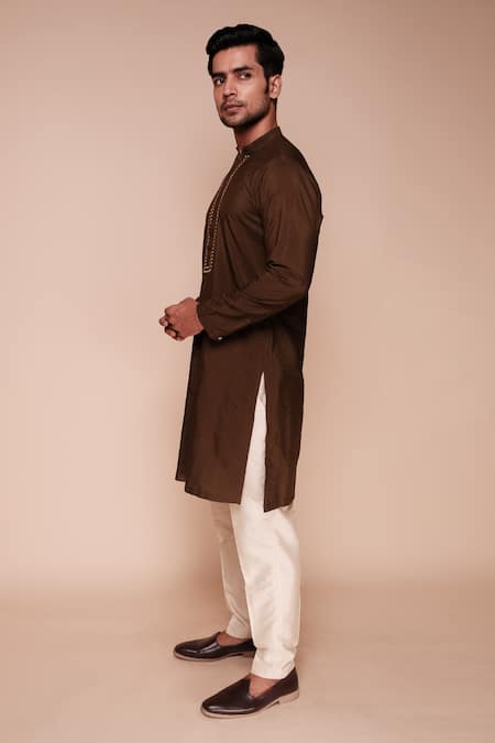 Buy_Tisa - Men_Green Kurta Silk Embroidered Resham Thread And Sequin Work Placket Set_Online_at_Aza_Fashions