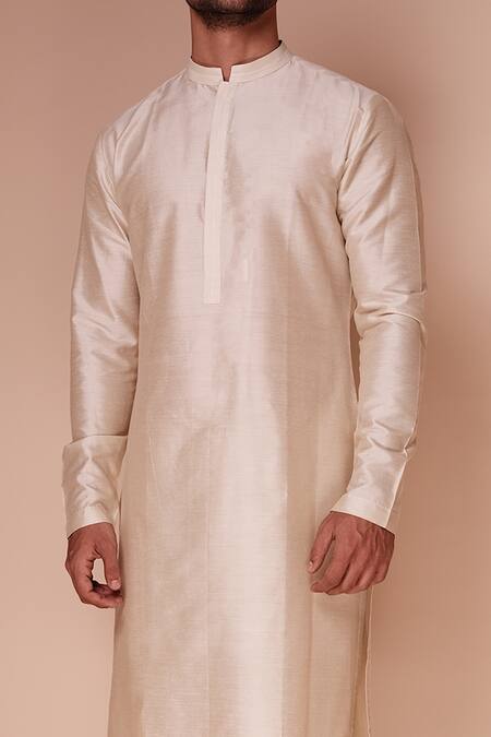 Tisa - Men_Beige Cotton Blend Silk Embroidered Thread Work Mandarin Collar Kurta Set_Online_at_Aza_Fashions