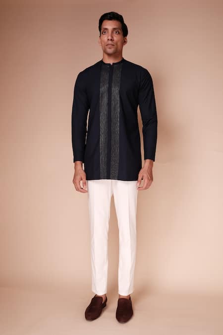 Shop_Tisa - Men_Blue Terry Rayon Embroidered Resham Thread Work Short Kurta Set_Online_at_Aza_Fashions