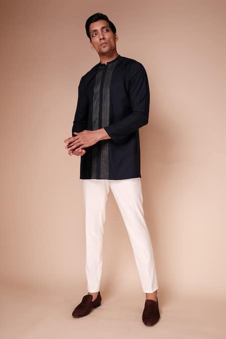 Tisa - Men_Blue Terry Rayon Embroidered Resham Thread Work Short Kurta Set_at_Aza_Fashions