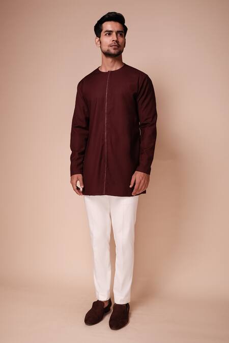 Tisa - Men_Maroon Terry Rayon Embroidered Resham Thread Work Short Kurta And Pant Set_Online_at_Aza_Fashions