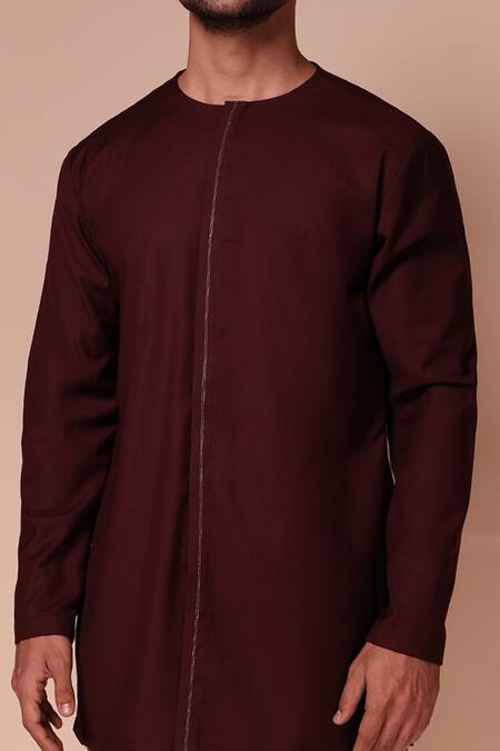 Buy_Tisa - Men_Maroon Terry Rayon Embroidered Resham Thread Work Short Kurta And Pant Set_Online_at_Aza_Fashions