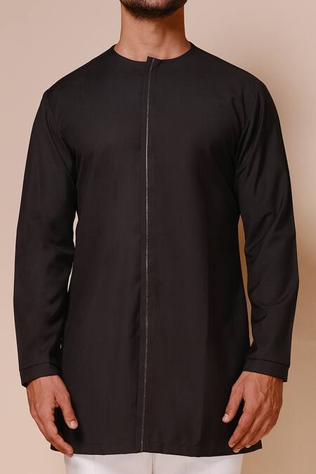 Tisa - Men_Black Terry Rayon Embroidered Resham Thread Work Closed Neck Short Kurta Set_Online_at_Aza_Fashions