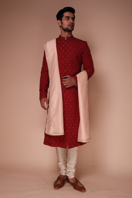 Tisa - Men_Red Dupatta Silk , Kurta And Churidar Cotton Aspen Embroidered Set_Online_at_Aza_Fashions