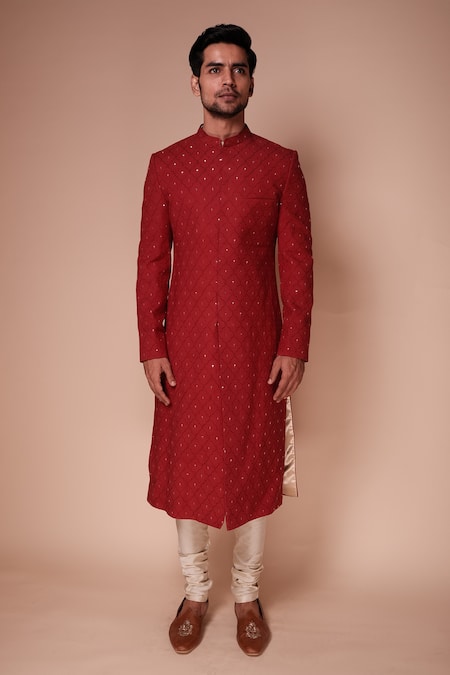 Shop_Tisa - Men_Red Dupatta Silk , Kurta And Churidar Cotton Aspen Embroidered Set_Online_at_Aza_Fashions
