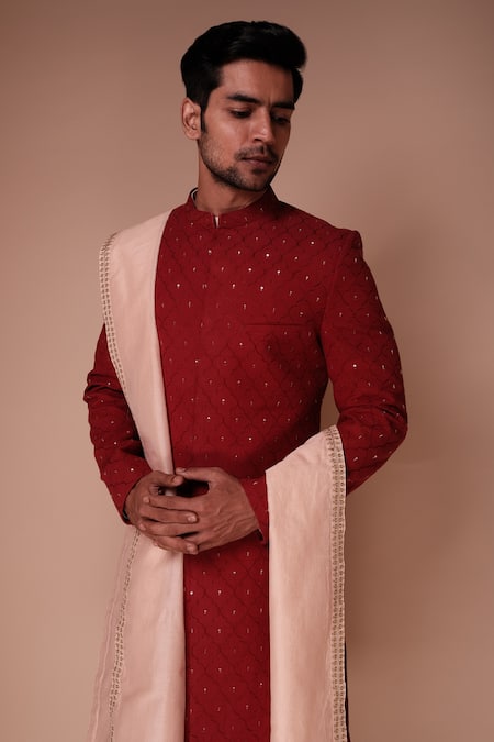Tisa - Men_Red Dupatta Silk , Kurta And Churidar Cotton Aspen Embroidered Set_at_Aza_Fashions