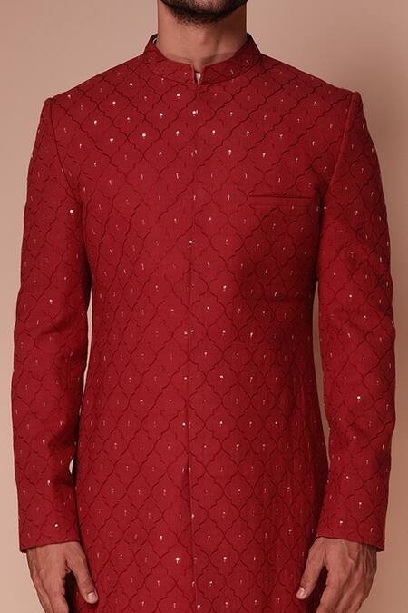 Tisa - Men_Red Kurta And Churidar Blend Silk, Sherwani Organic Aspen Set_Online_at_Aza_Fashions