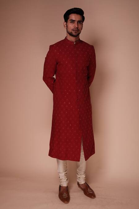 Shop_Tisa - Men_Red Kurta And Churidar Blend Silk, Sherwani Organic Aspen Set_Online_at_Aza_Fashions