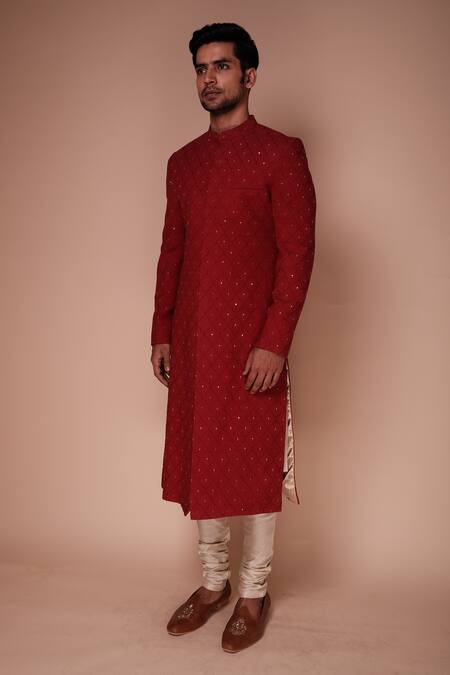 Tisa - Men_Red Kurta And Churidar Blend Silk, Sherwani Organic Aspen Set_at_Aza_Fashions