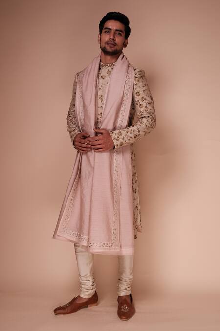Buy_Tisa - Men_Beige Dupatta Silk Blend, Kurta And Churidar Cotton Floral Vine Embroidered Set_Online_at_Aza_Fashions