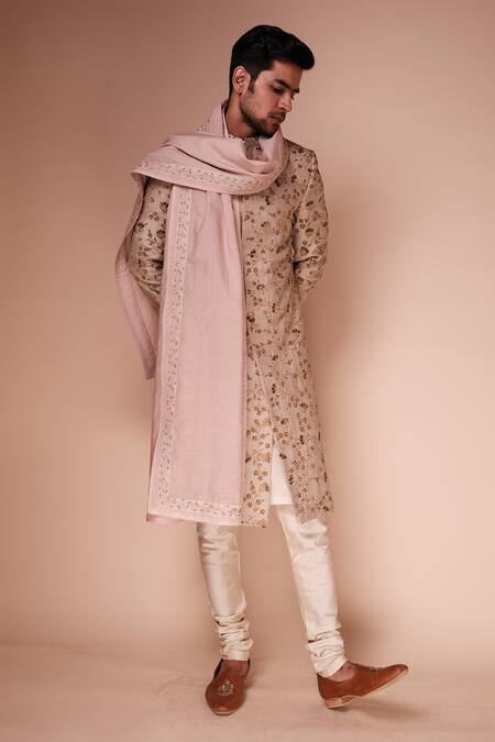 Shop_Tisa - Men_Beige Dupatta Silk Blend, Kurta And Churidar Cotton Floral Vine Embroidered Set_Online_at_Aza_Fashions