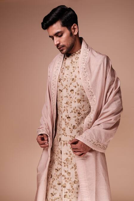 Tisa - Men_Beige Dupatta Silk Blend, Kurta And Churidar Cotton Floral Vine Embroidered Set_at_Aza_Fashions