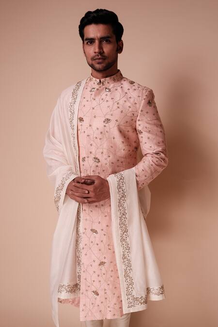 Shop_Tisa - Men_Pink Dupatta Silk Blend, Kurta And Churidar Cotton Iris Flower Pattern Set_Online_at_Aza_Fashions