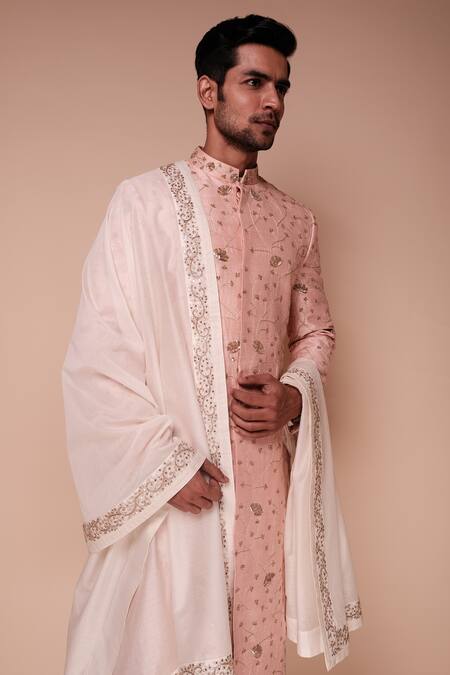 Buy_Tisa - Men_Pink Dupatta Silk Blend, Kurta And Churidar Cotton Iris Flower Pattern Set_Online_at_Aza_Fashions