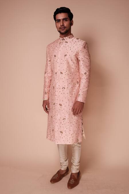 Tisa - Men_Pink Dupatta Silk Blend, Kurta And Churidar Cotton Iris Flower Pattern Set_at_Aza_Fashions
