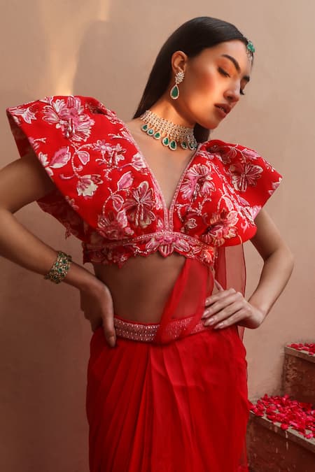 Buy_Dheeru Taneja_Red Organza, Crepe, Georgette Inaya Pre-draped Saree With Printed Cape _Online_at_Aza_Fashions