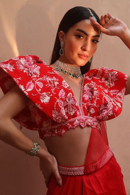 Shop_Dheeru Taneja_Red Organza, Crepe, Georgette Inaya Pre-draped Saree With Printed Cape _Online_at_Aza_Fashions