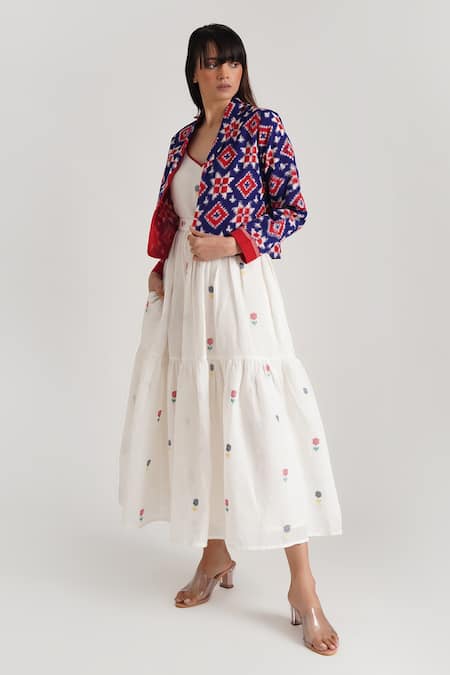 Indigo Dreams_Ivory Handloom , Tiered Jamdani Dress Solitaire Jacket Set_Online_at_Aza_Fashions