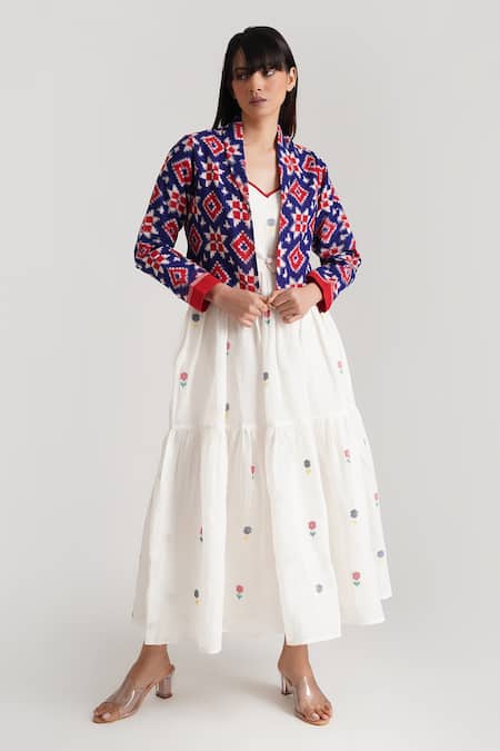 Buy_Indigo Dreams_Ivory Handloom , Tiered Jamdani Dress Solitaire Jacket Set_Online_at_Aza_Fashions