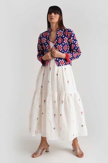 Shop_Indigo Dreams_Ivory Handloom , Tiered Jamdani Dress Solitaire Jacket Set_Online_at_Aza_Fashions