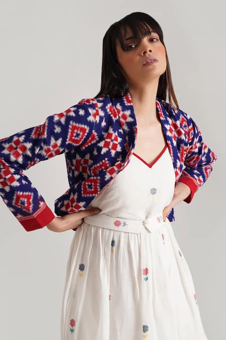 Indigo Dreams_Ivory Handloom , Tiered Jamdani Dress Solitaire Jacket Set_at_Aza_Fashions