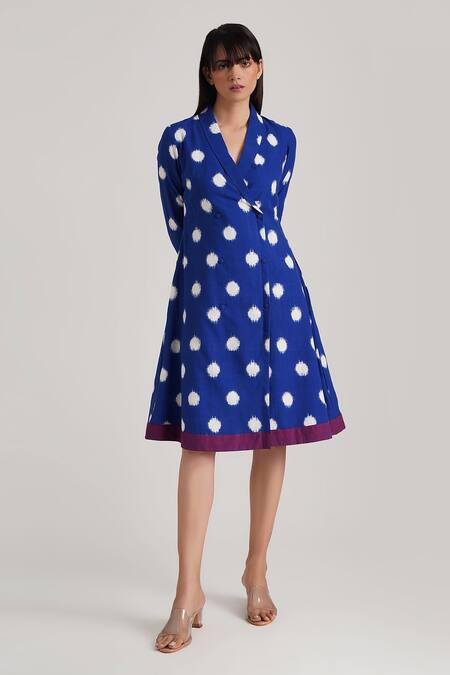 Buy_Indigo Dreams_Blue Handloom Cotton Sequins Shawl Neck Windsor Ikat Pattern Jamdani Dress_Online_at_Aza_Fashions