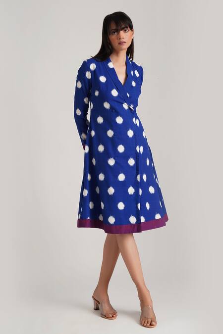 Shop_Indigo Dreams_Blue Handloom Cotton Sequins Shawl Neck Windsor Ikat Pattern Jamdani Dress_Online_at_Aza_Fashions