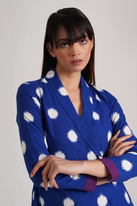 Indigo Dreams_Blue Handloom Cotton Sequins Shawl Neck Windsor Ikat Pattern Jamdani Dress_at_Aza_Fashions