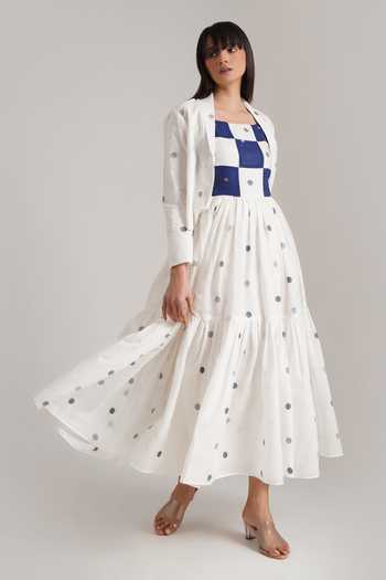 Indigo Dreams_Blue Handloom , Cut Work Boat Neck, Elsa Jamdani Dress Jacket Set_Online_at_Aza_Fashions