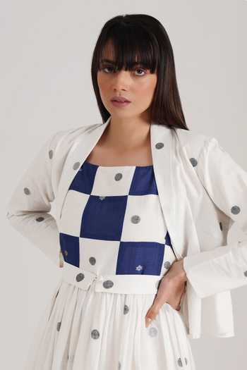 Shop_Indigo Dreams_Blue Handloom , Cut Work Boat Neck, Elsa Jamdani Dress Jacket Set_Online_at_Aza_Fashions