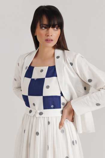 Indigo Dreams_Blue Handloom , Cut Work Boat Neck, Elsa Jamdani Dress Jacket Set_at_Aza_Fashions