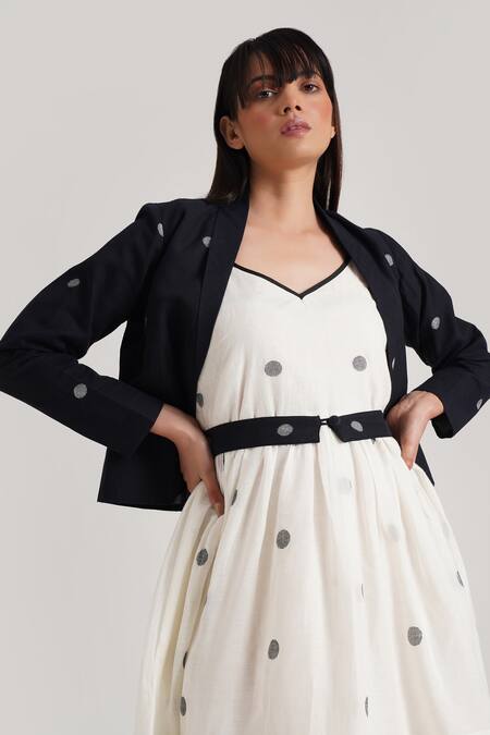 Indigo Dreams_Ivory , Handloom Sweetheart Solus Tiered Jamdani Dress Jacket Set_at_Aza_Fashions